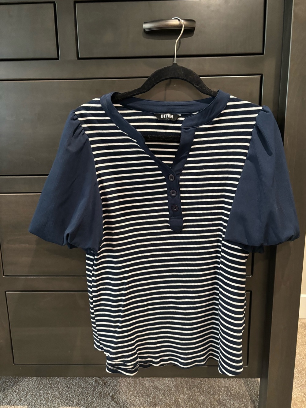Striped Navy & White Puff Sleeve Henley Top - Size Large